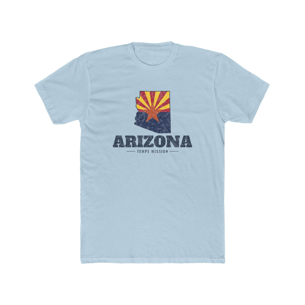 Arizona Tempe Mission Flag Map shirt in Desert Pink: Arizona state flag in the outline of Arizona with navy lettering, front view