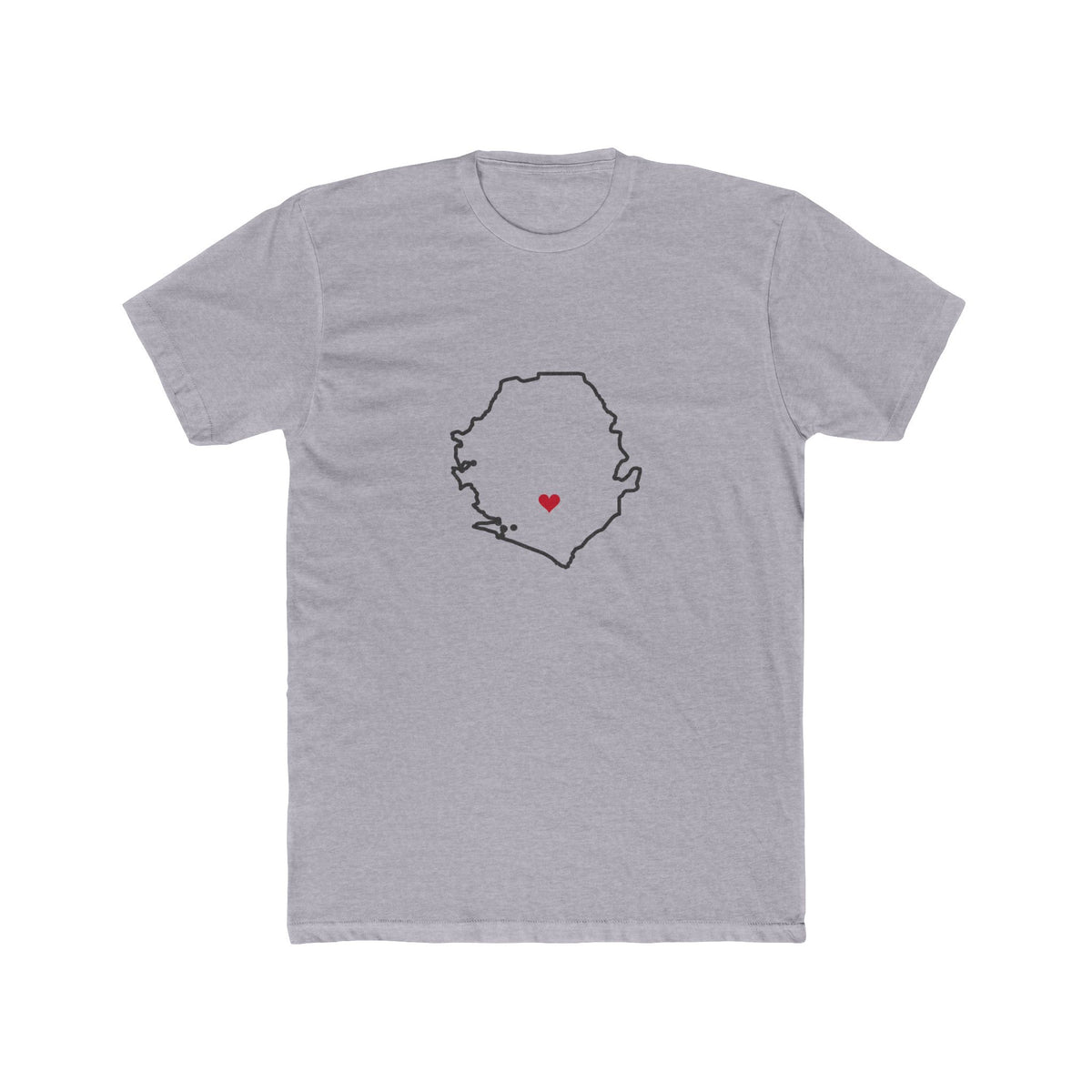 Sierra Leone Bo Mission Heart Map shirt in Heather Grey: Sierra Leone outline with a red heart, front view