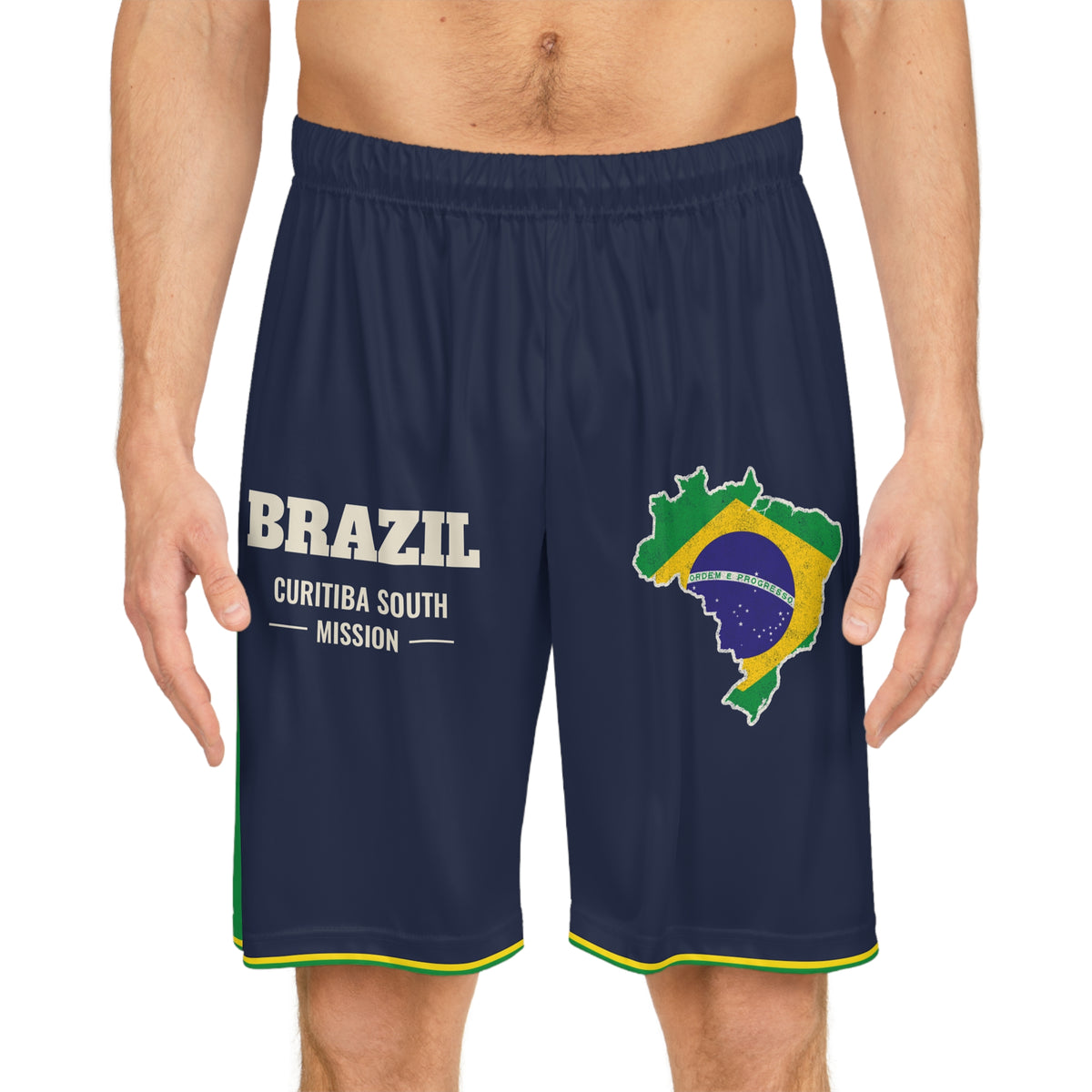 Brazil Curitiba South Mission Basketball Shorts, worn, front view