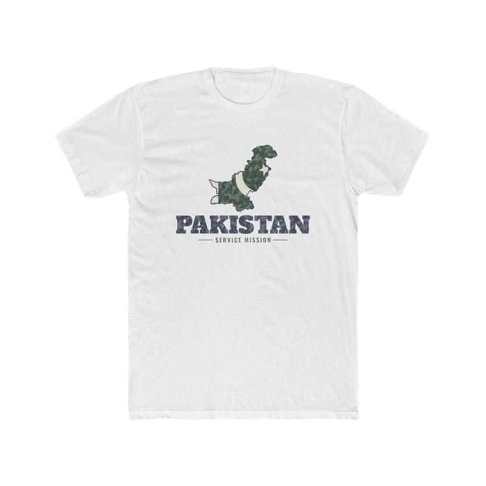 Pakistan Service Mission Flag Map shirt in White: flag of Pakistan in the outline of Pakistan with navy lettering, front view