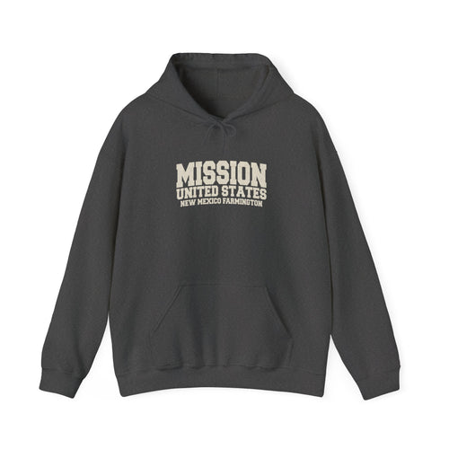 New Mexico Farmington Mission Hoodie in Dark Heather, front view with the varsity mission design