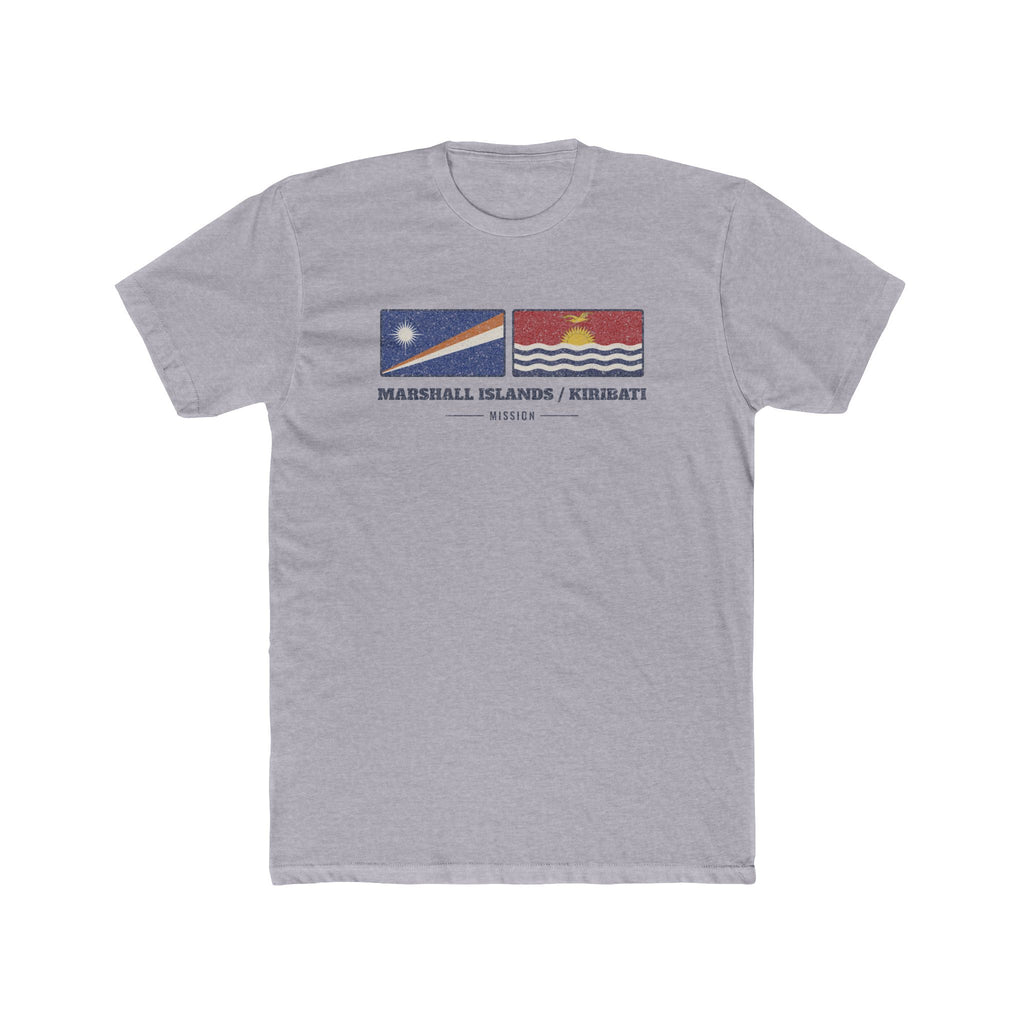 Marshall Islands/Kiribati Mission Flag Map shirt in Heather Grey: flag badge of the Marshall Islands and Kiribati with navy lettering, front view