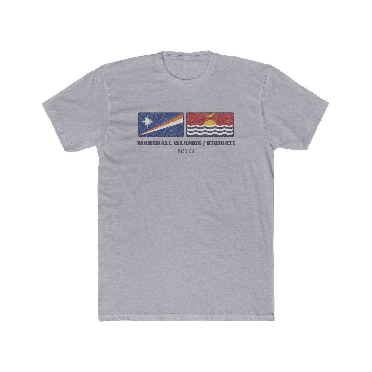 Marshall Islands/Kiribati Mission Flag Map shirt in Heather Grey: flag badge of the Marshall Islands and Kiribati with navy lettering, front view