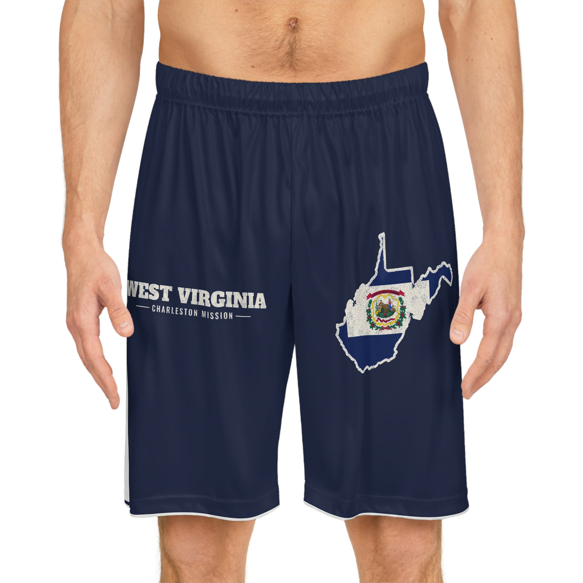West Virginia Charleston Mission Basketball Shorts, worn, front view