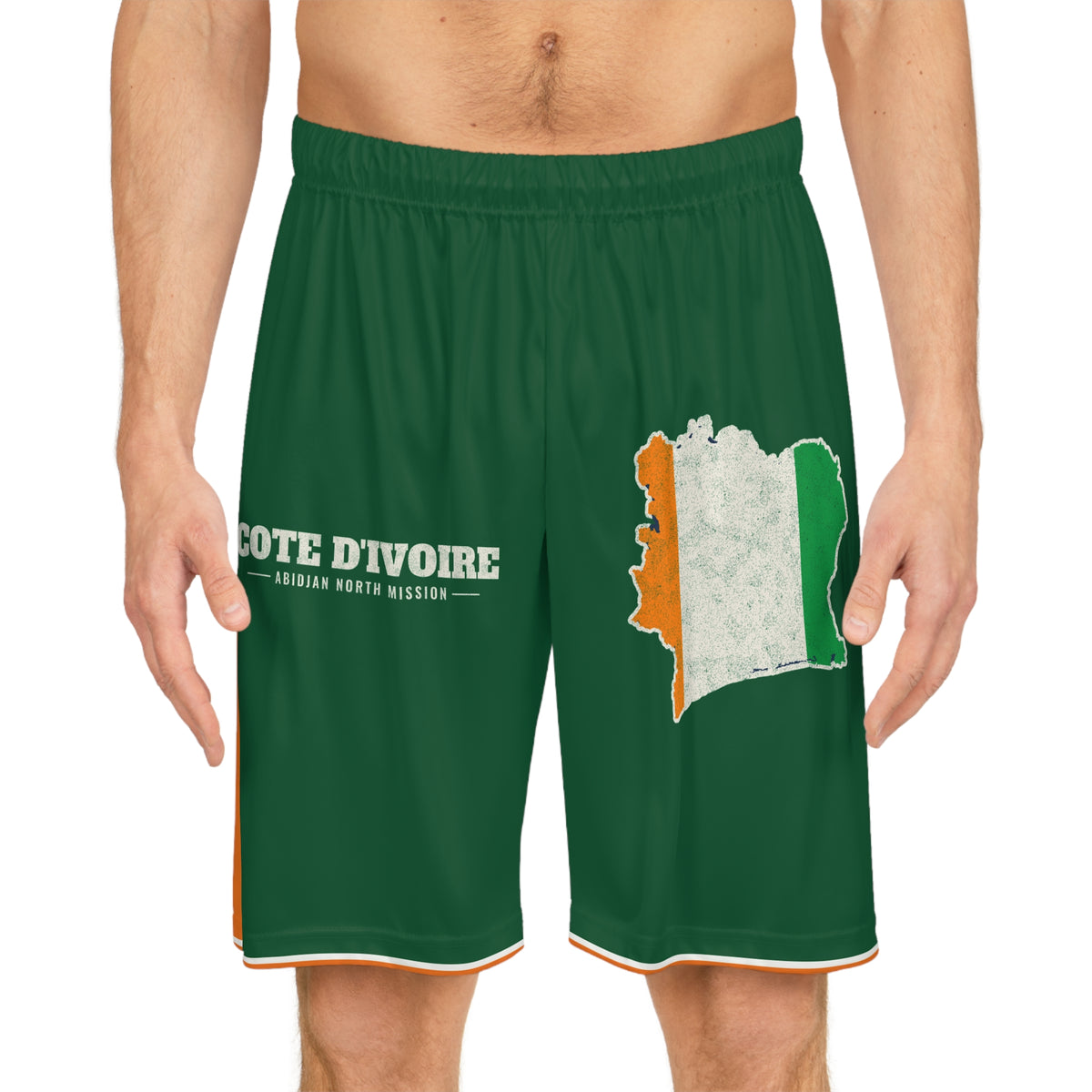 Cote d'Ivoire Abidjan North Mission Basketball Shorts, worn, front view