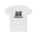 Oregon Eugene Mission Flag Map shirt in White: Oregon state flag in the outline of Oregon with navy lettering, front view