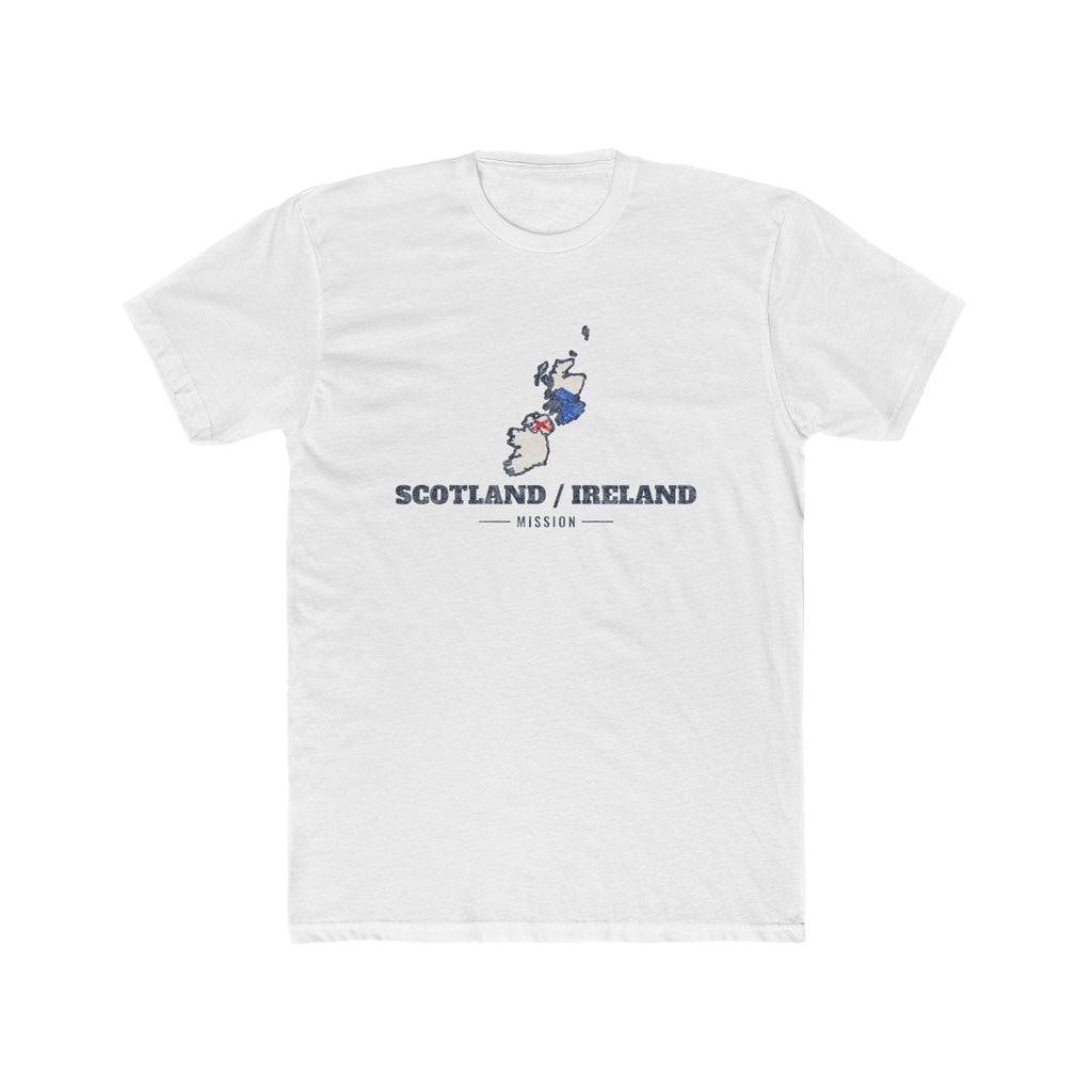 Scotland/Ireland Mission Flag Map shirt in White: flags of Scotland, Northern Ireland and Ireland in their outlines with navy lettering, front view