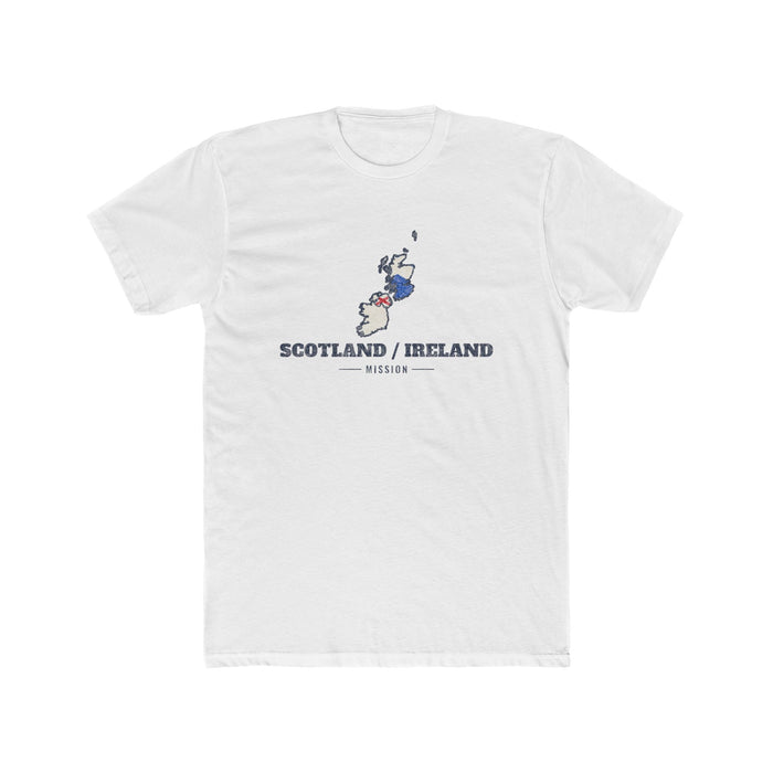 Scotland/Ireland Mission Flag Map shirt in White: flags of Scotland, Northern Ireland and Ireland in their outlines with navy lettering, front view