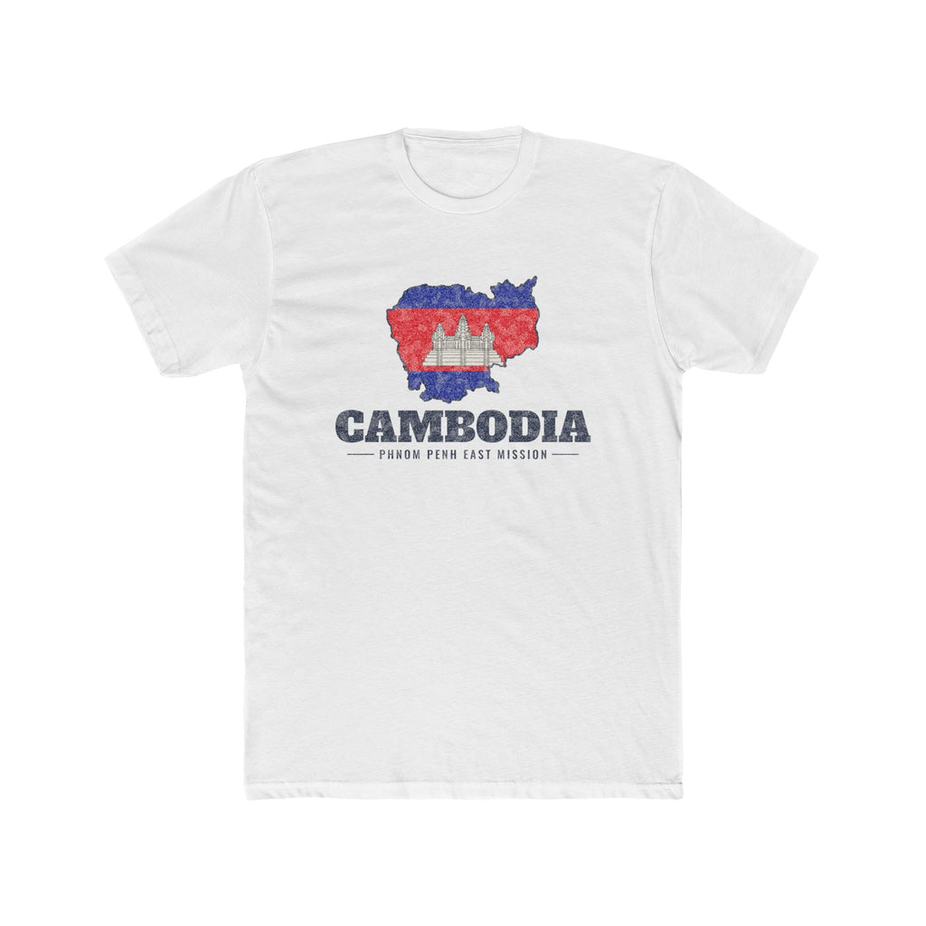 Cambodia Phnom Penh East Mission Flag Map shirt in White: flag of Cambodia in the outline of Cambodia with navy lettering, front view