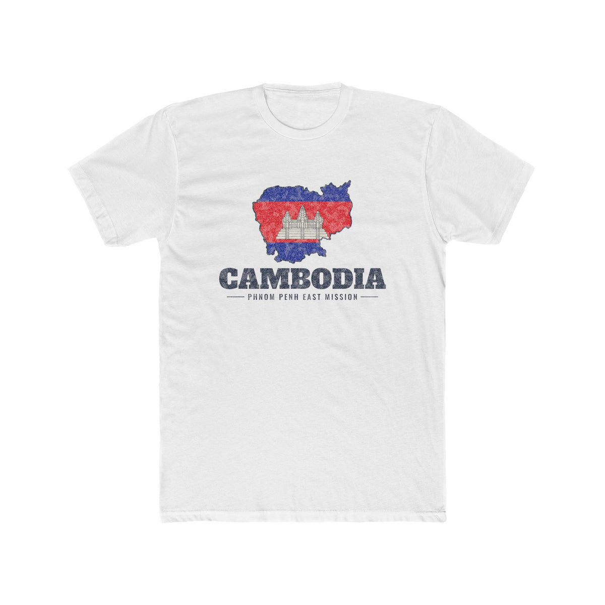 Cambodia Phnom Penh East Mission Flag Map shirt in White: flag of Cambodia in the outline of Cambodia with navy lettering, front view