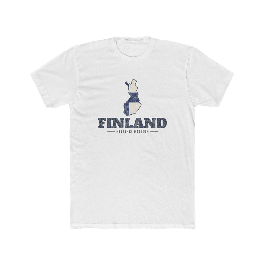 Finland Helsinki Mission Flag Map shirt in White: flag of Finland in the outline of Finland with navy lettering, front view