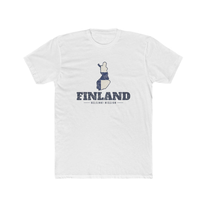 Finland Helsinki Mission Flag Map shirt in White: flag of Finland in the outline of Finland with navy lettering, front view