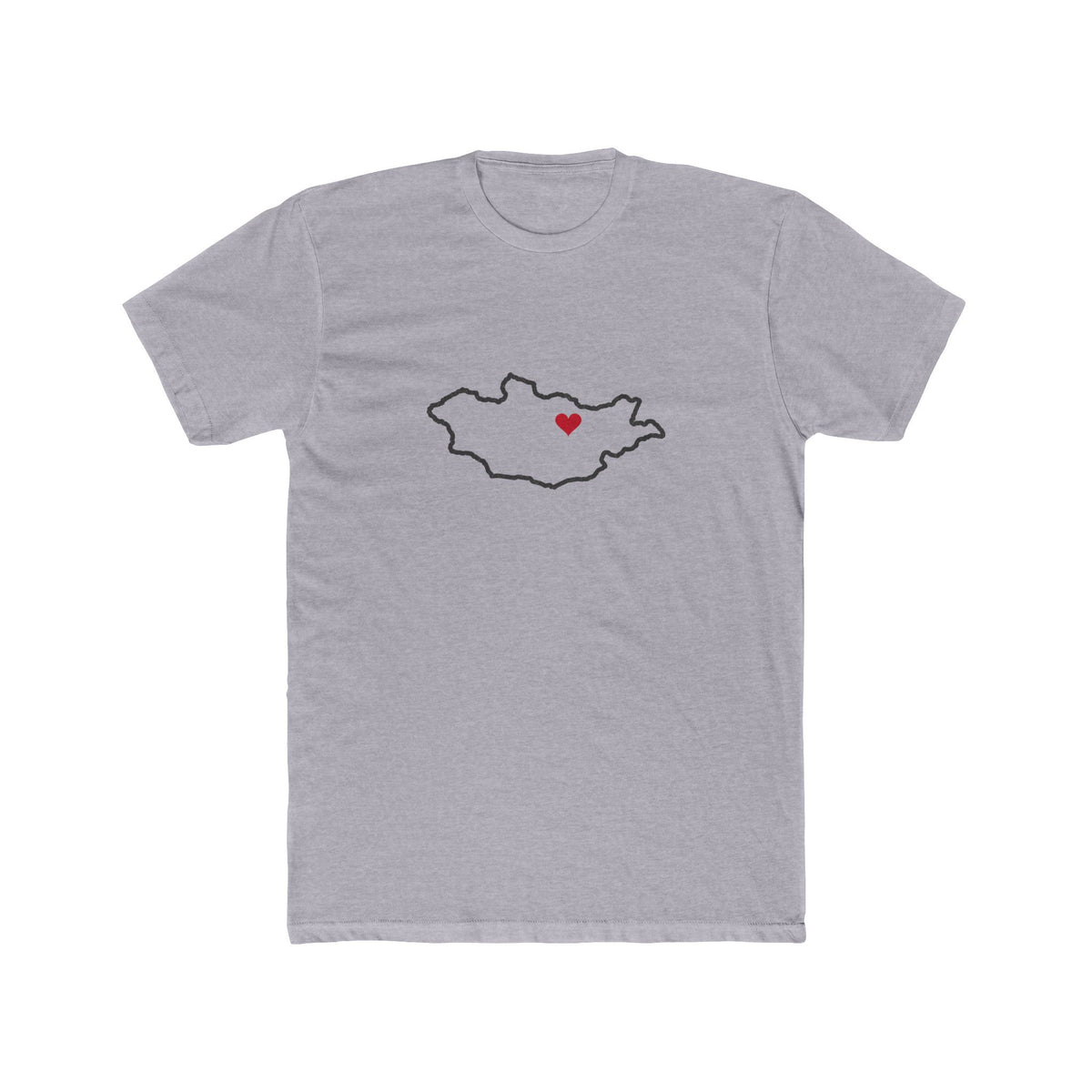 Mongolia Ulaanbaatar Mission Heart Map shirt in Heather Grey: Mongolia outline with a red heart, front view