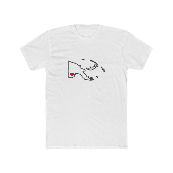 Papua New Guinea Daru Mission Heart Map shirt in White: Papua New Guinea outline with a red heart, front view