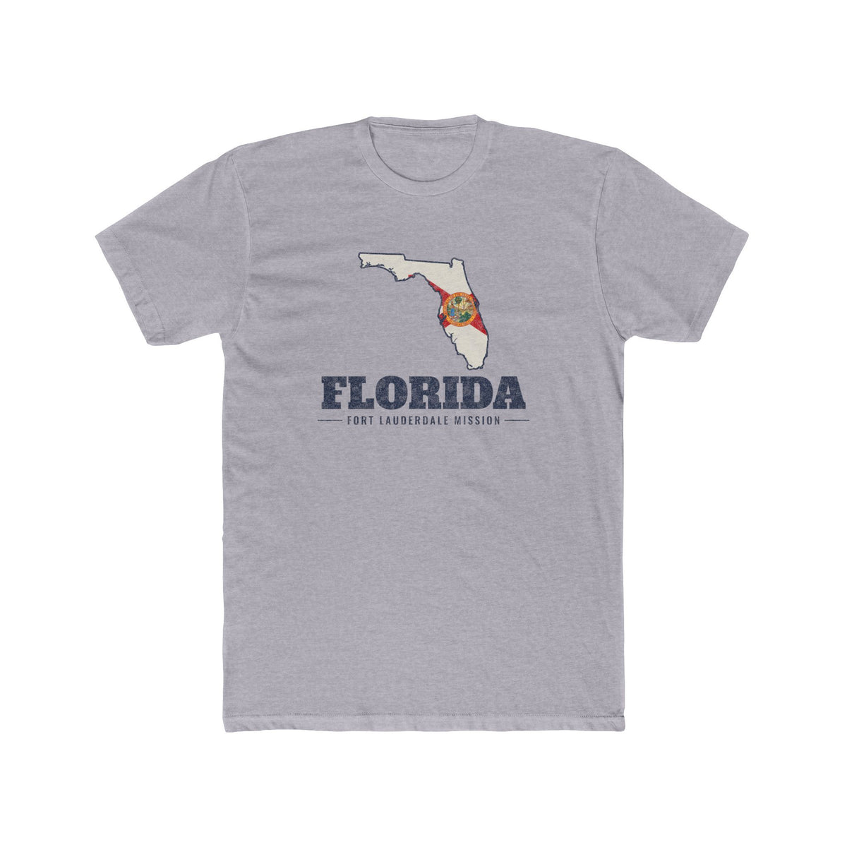 Florida Fort Lauderdale Mission Flag Map shirt in Heather Grey: Florida state flag in the outline of Florida with navy lettering, front view