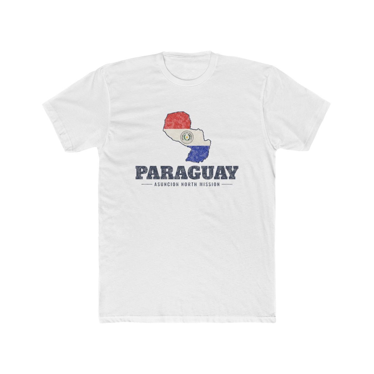 Paraguay Asuncion North Mission Flag Map shirt in White: flag of Paraguay in the outline of Paraguay with navy lettering, front view