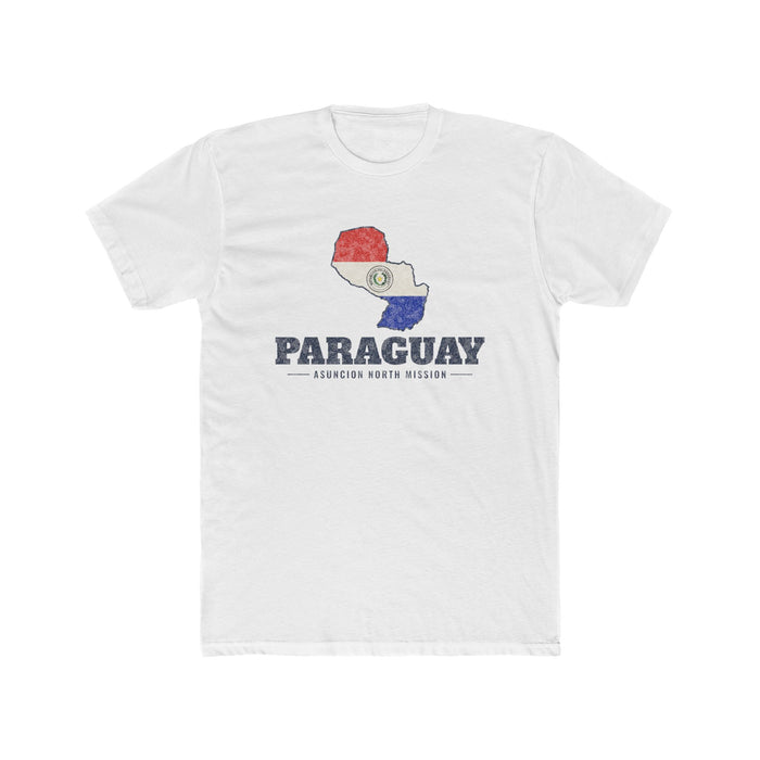 Paraguay Asuncion North Mission Flag Map shirt in White: flag of Paraguay in the outline of Paraguay with navy lettering, front view