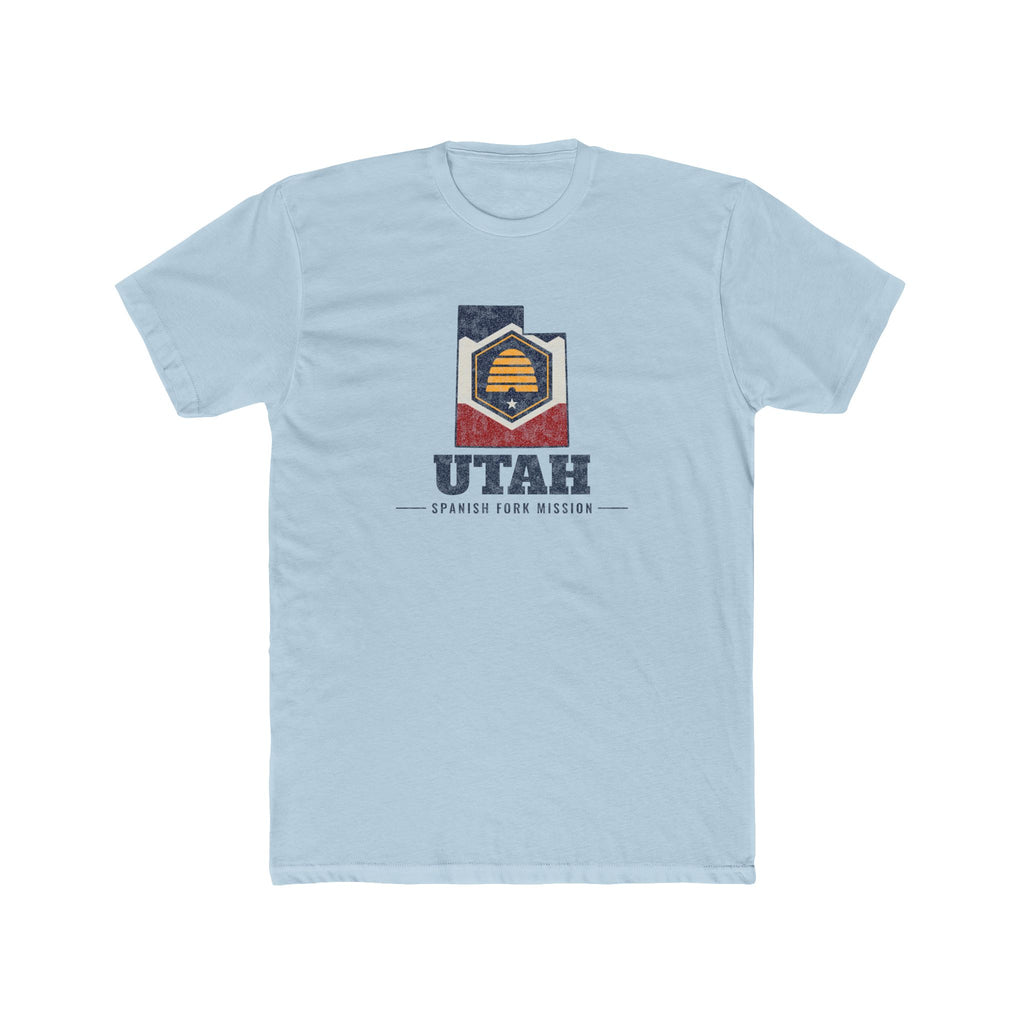 Utah Spanish Fork Mission Flag Map shirt in Desert Pink: Utah state flag in the outline of Utah with navy lettering, front view
