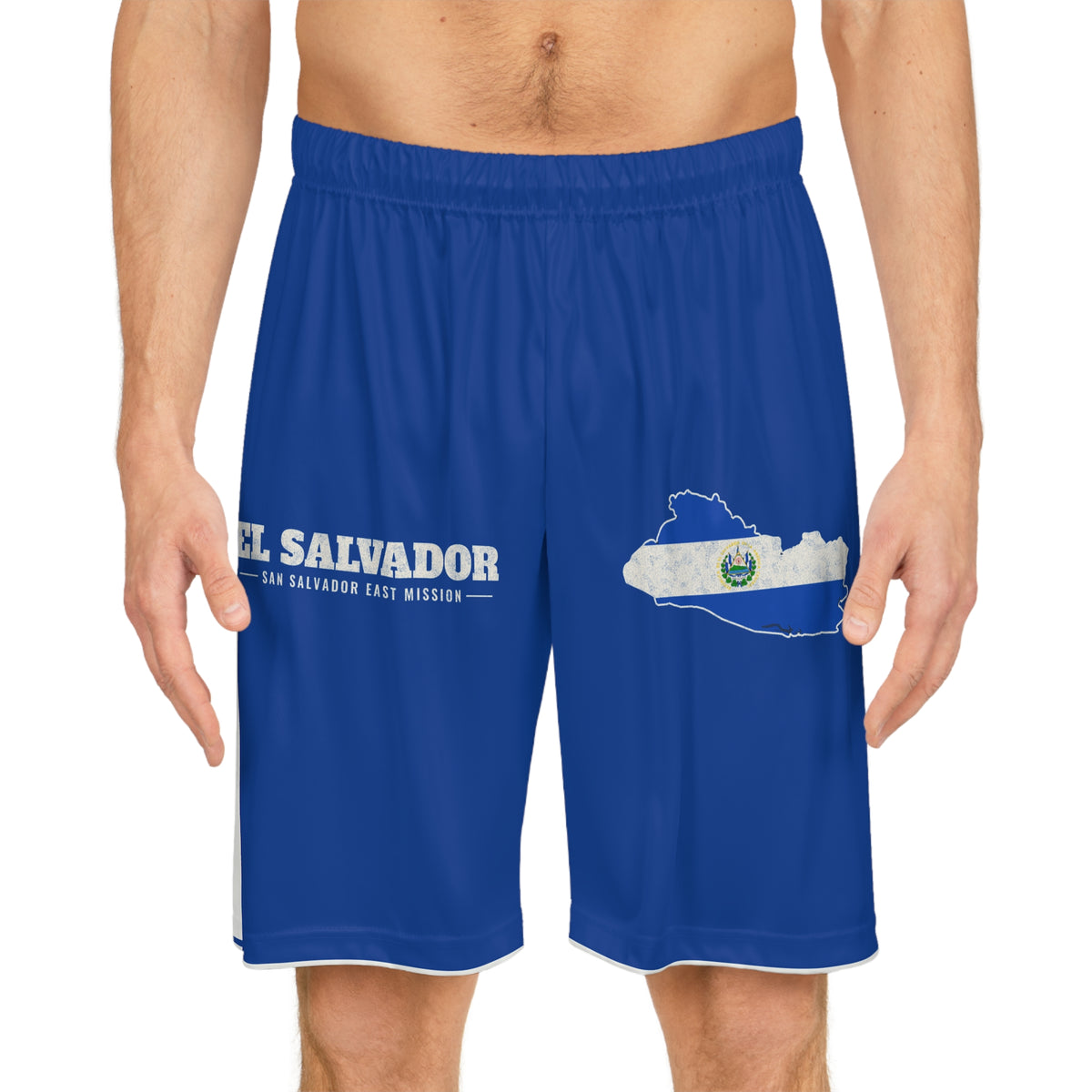 El Salvador San Salvador East Mission Basketball Shorts, worn, front view