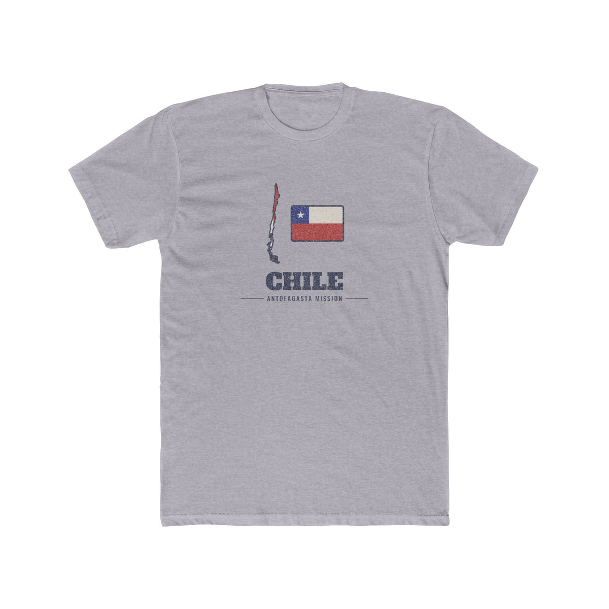 Chile Antofagasta Mission Flag Map shirt in Heather Grey: flag of Chile in the outline of Chile with navy lettering, front view