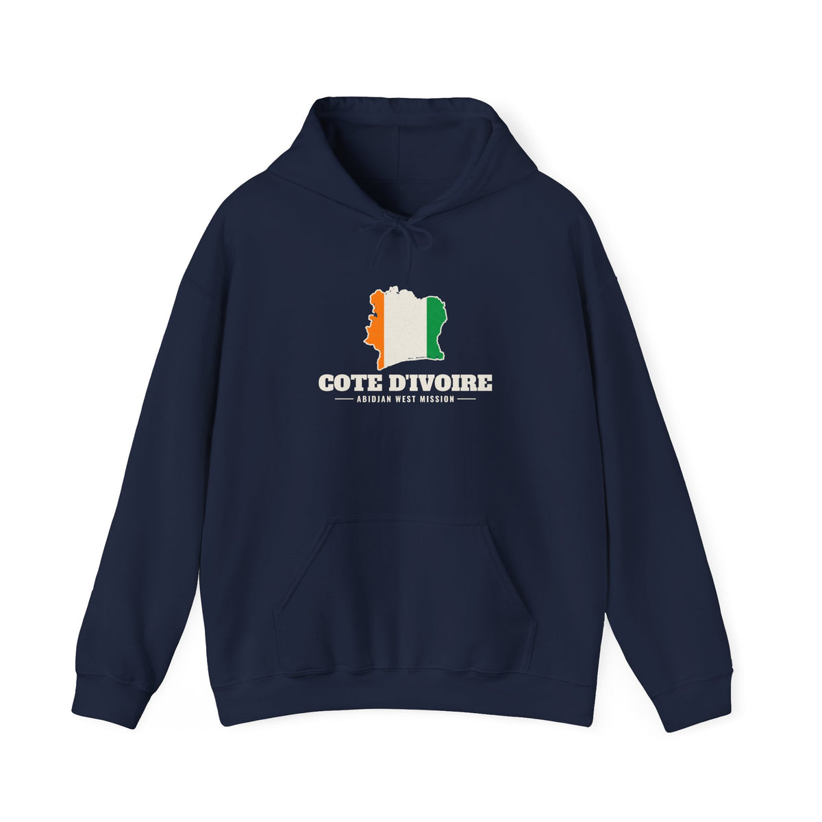 Cote d'Ivoire Abidjan West Mission Flag Map Hoodie in Navy, front view with the flag map and mission name