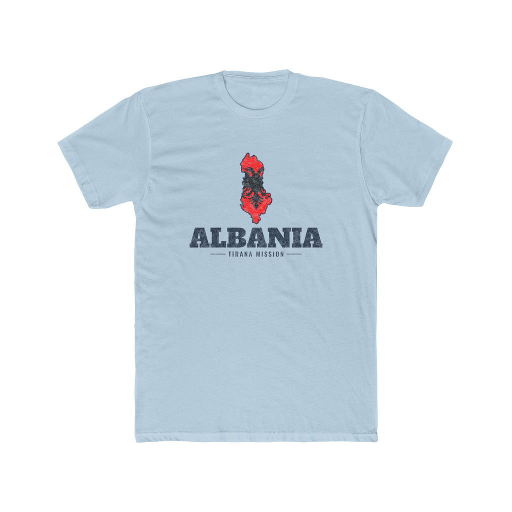Albania Tirana Mission Flag Map shirt in Desert Pink: flag of Albania in the outline of Albania with navy lettering, front view