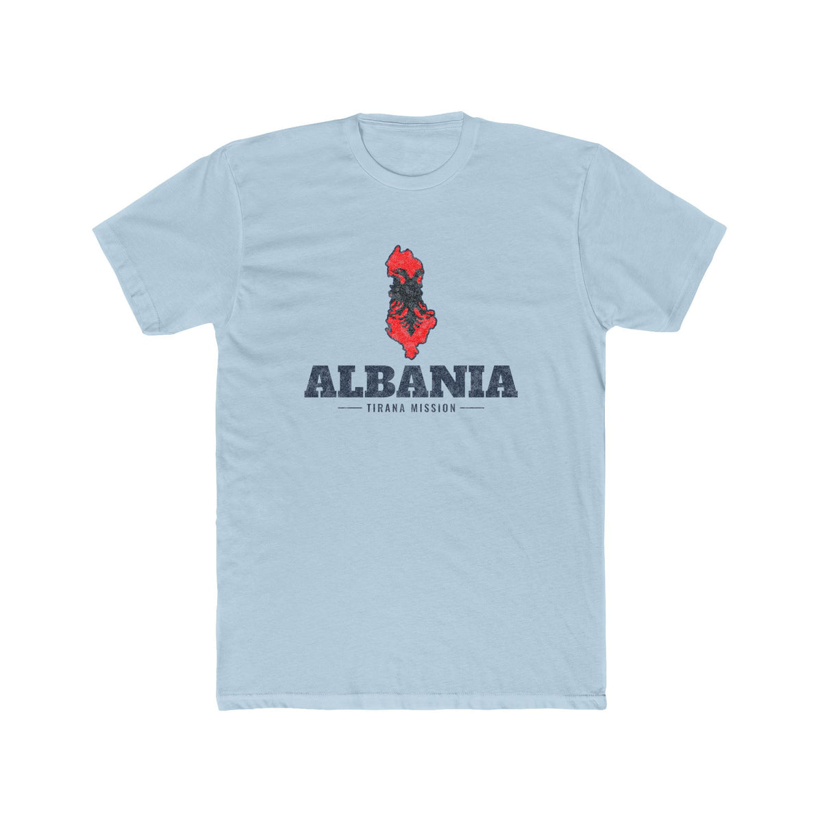 Albania Tirana Mission Flag Map shirt in Desert Pink: flag of Albania in the outline of Albania with navy lettering, front view