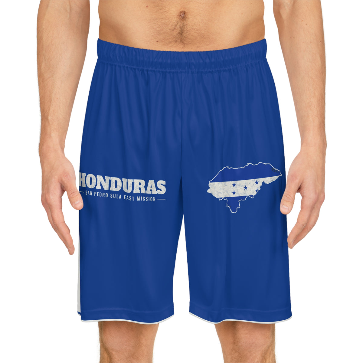 Honduras San Pedro Sula East Mission Basketball Shorts, worn, front view