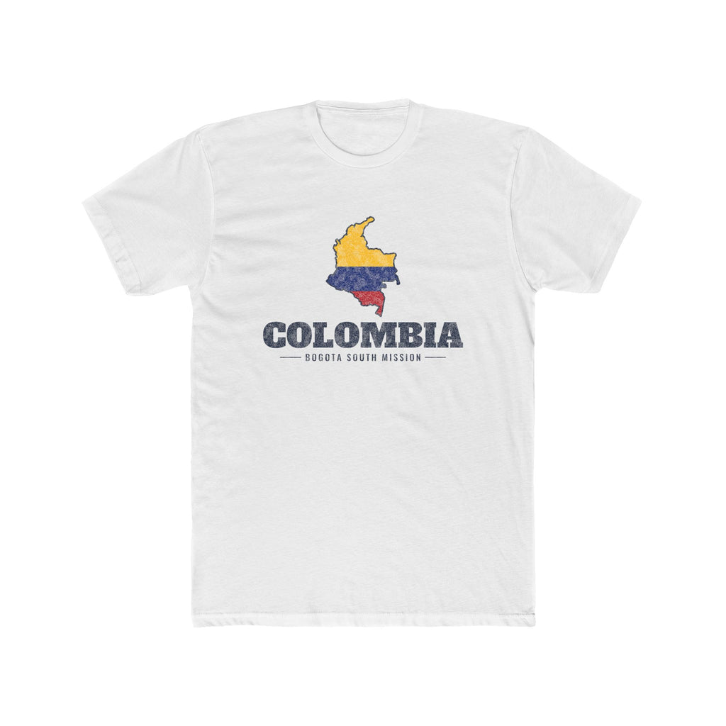 Colombia Bogota South Mission Flag Map shirt in White: flag of Colombia in the outline of Colombia with navy lettering, front view