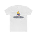 Colombia Bogota South Mission Flag Map shirt in White: flag of Colombia in the outline of Colombia with navy lettering, front view