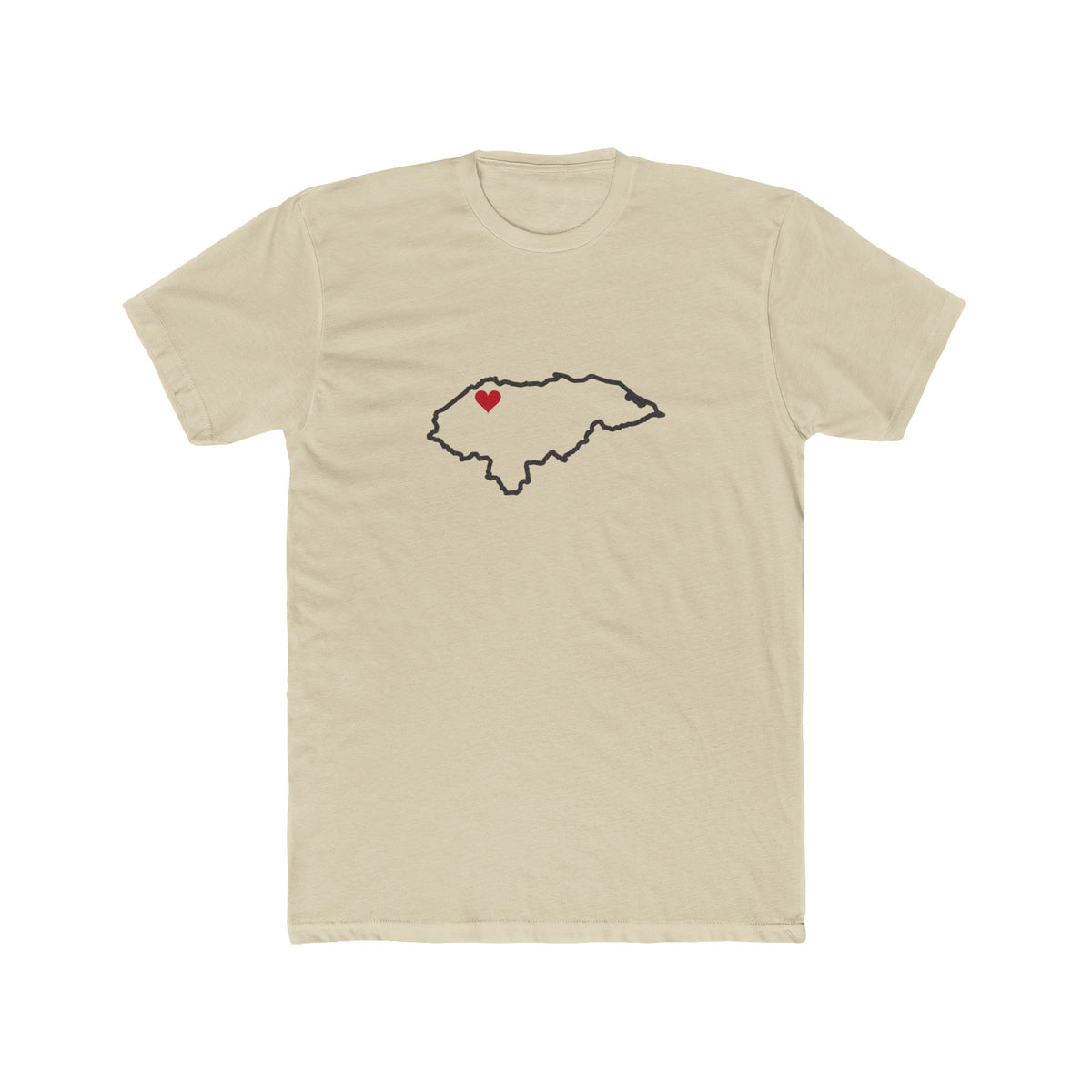 Honduras San Pedro Sula East Mission Heart Map shirt in Cream: Honduras outline with a red heart, front view