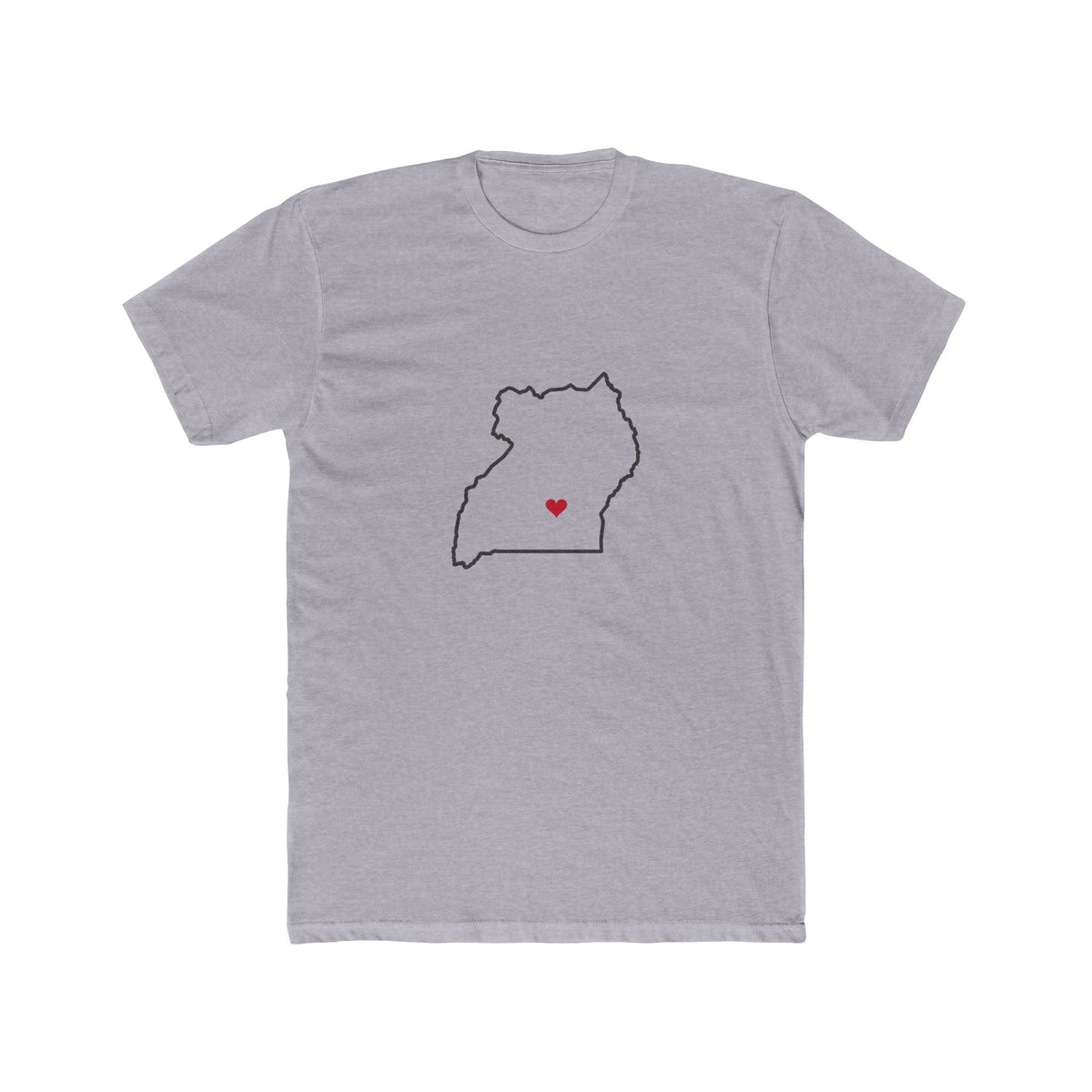 Uganda Kampala Mission Heart Map shirt in Heather Grey: Uganda outline with a red heart, front view