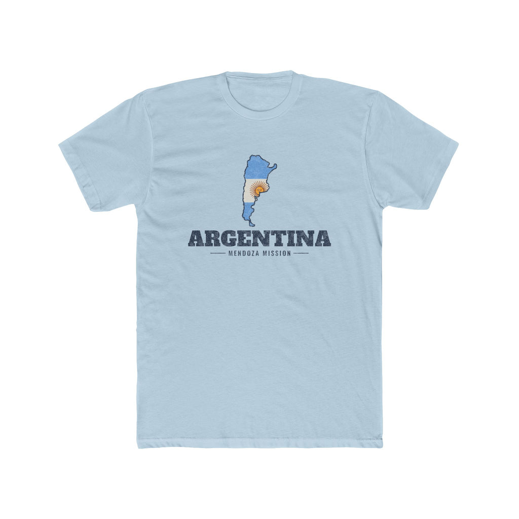 Argentina Mendoza Mission Flag Map shirt in Desert Pink: flag of Argentina in the outline of Argentina with navy lettering, front view