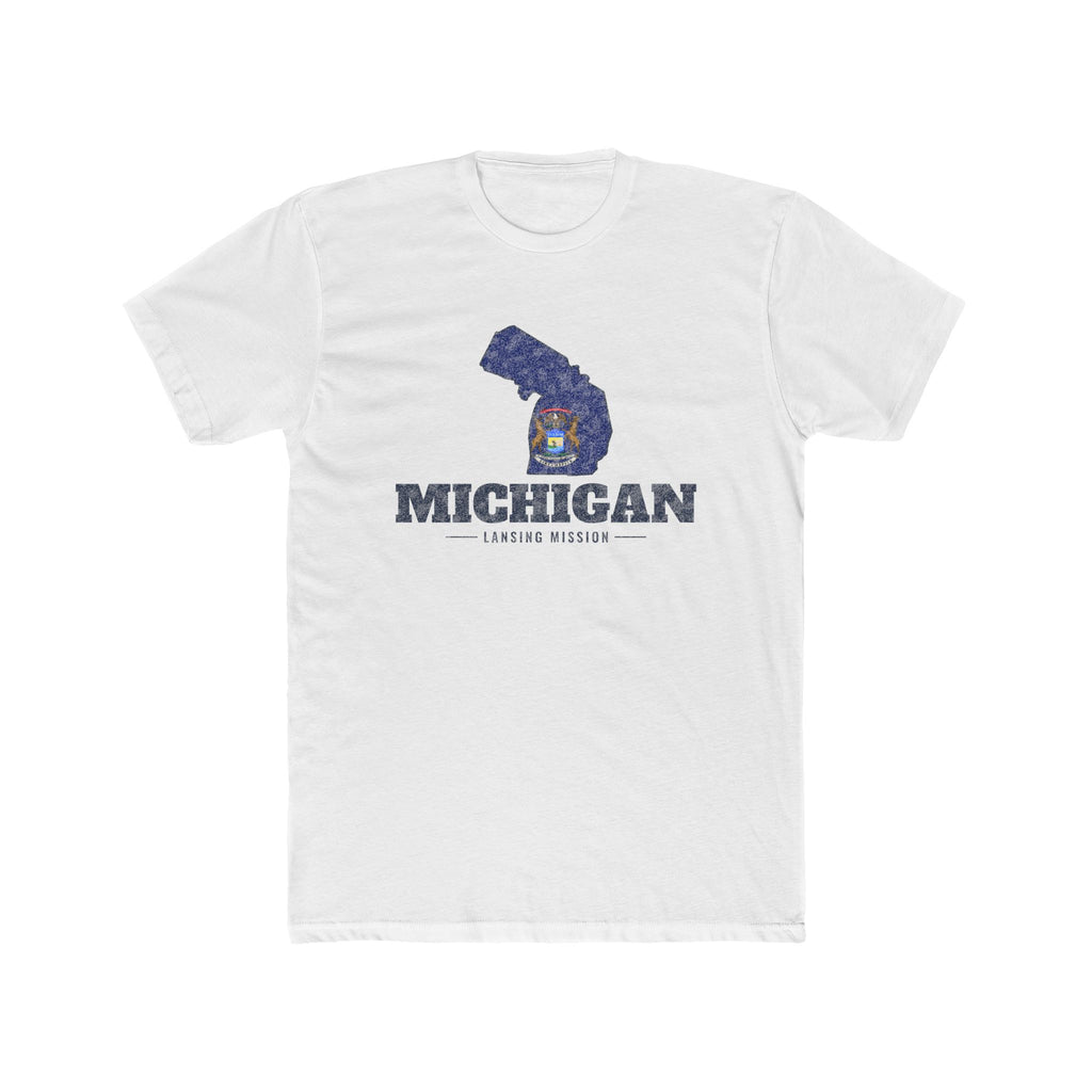 Michigan Lansing Mission Flag Map shirt in White: Michigan state flag in the outline of Michigan with navy lettering, front view