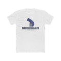 Michigan Lansing Mission Flag Map shirt in White: Michigan state flag in the outline of Michigan with navy lettering, front view