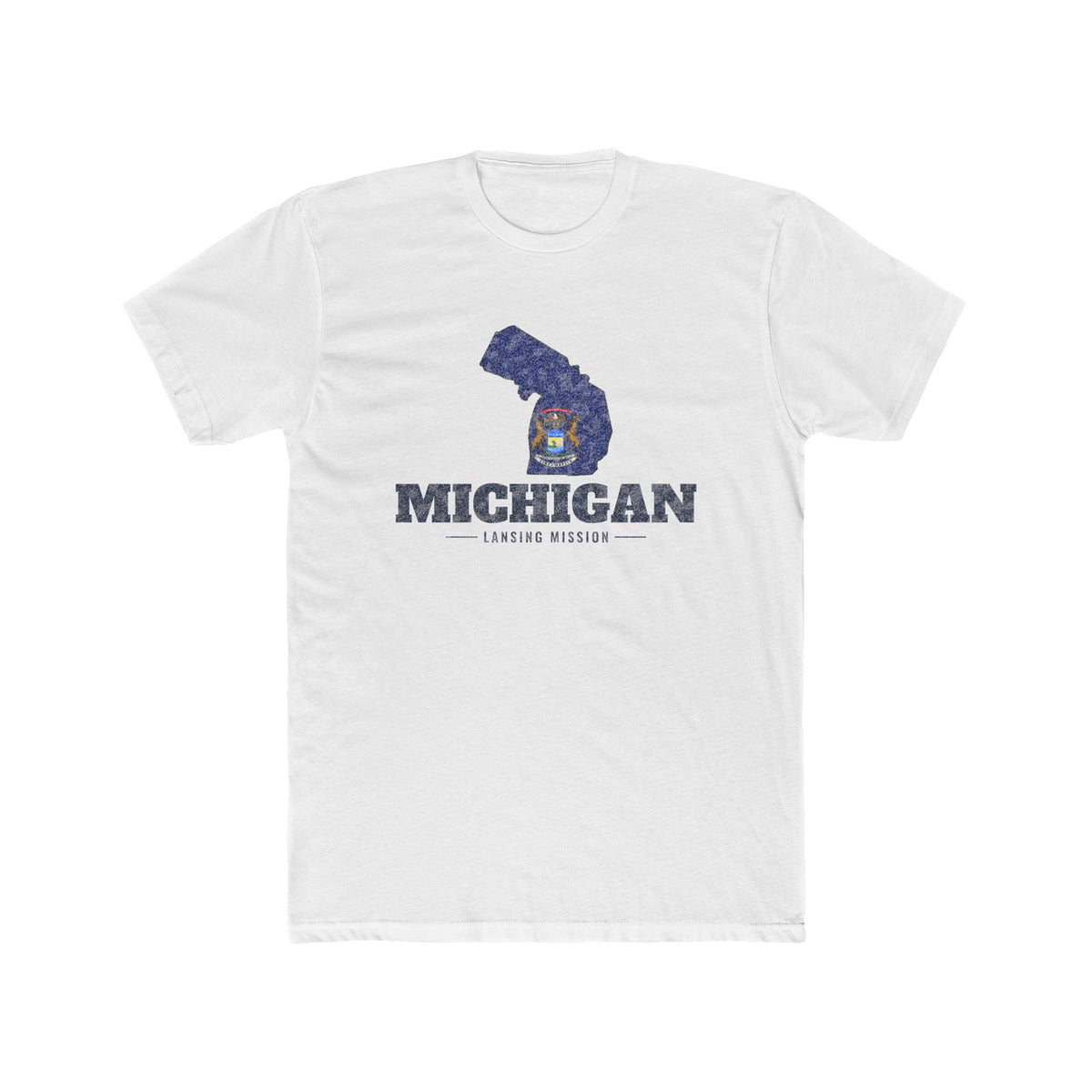 Michigan Lansing Mission Flag Map shirt in White: Michigan state flag in the outline of Michigan with navy lettering, front view