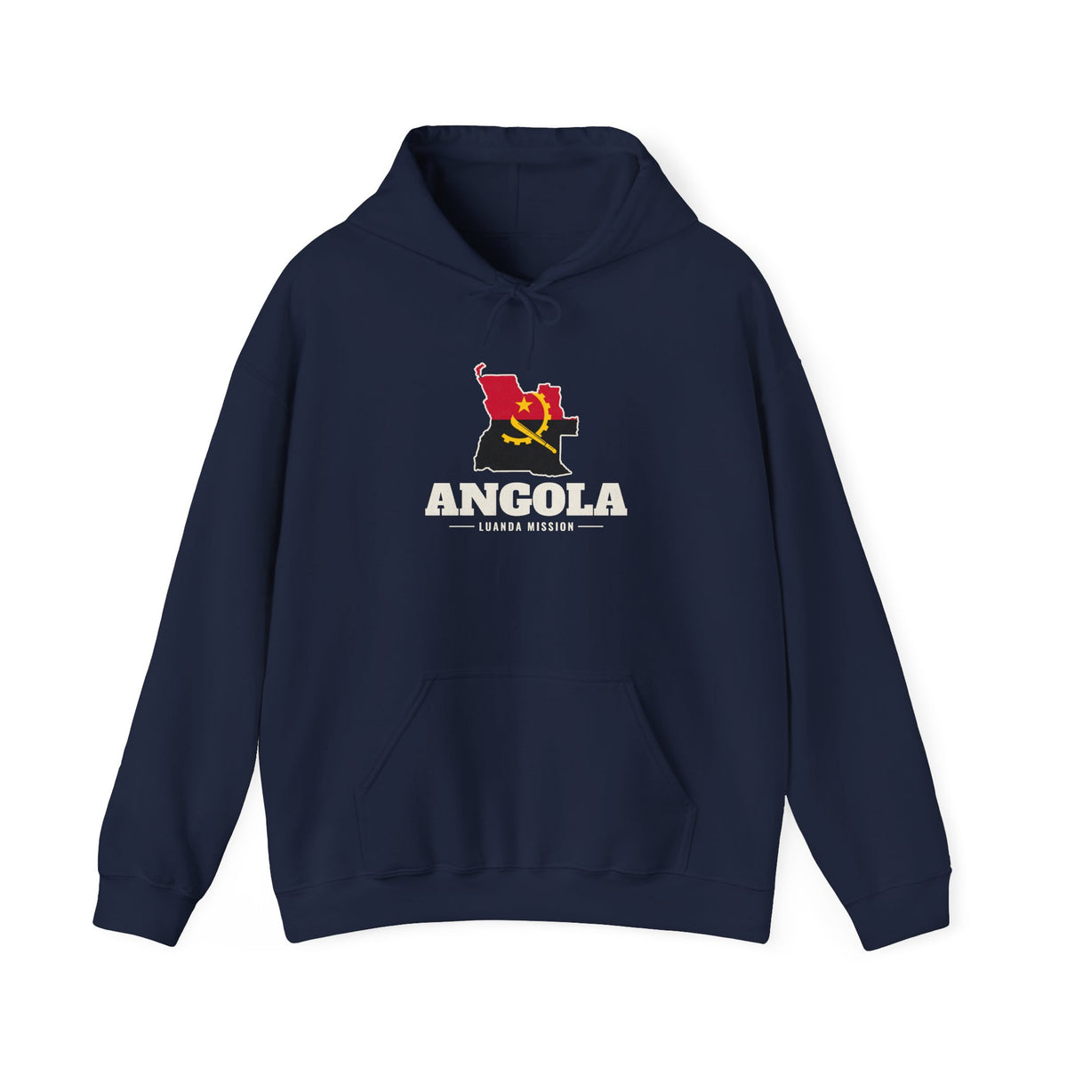 Angola Luanda Mission Flag Map Hoodie in Navy, front view with the flag map and mission name
