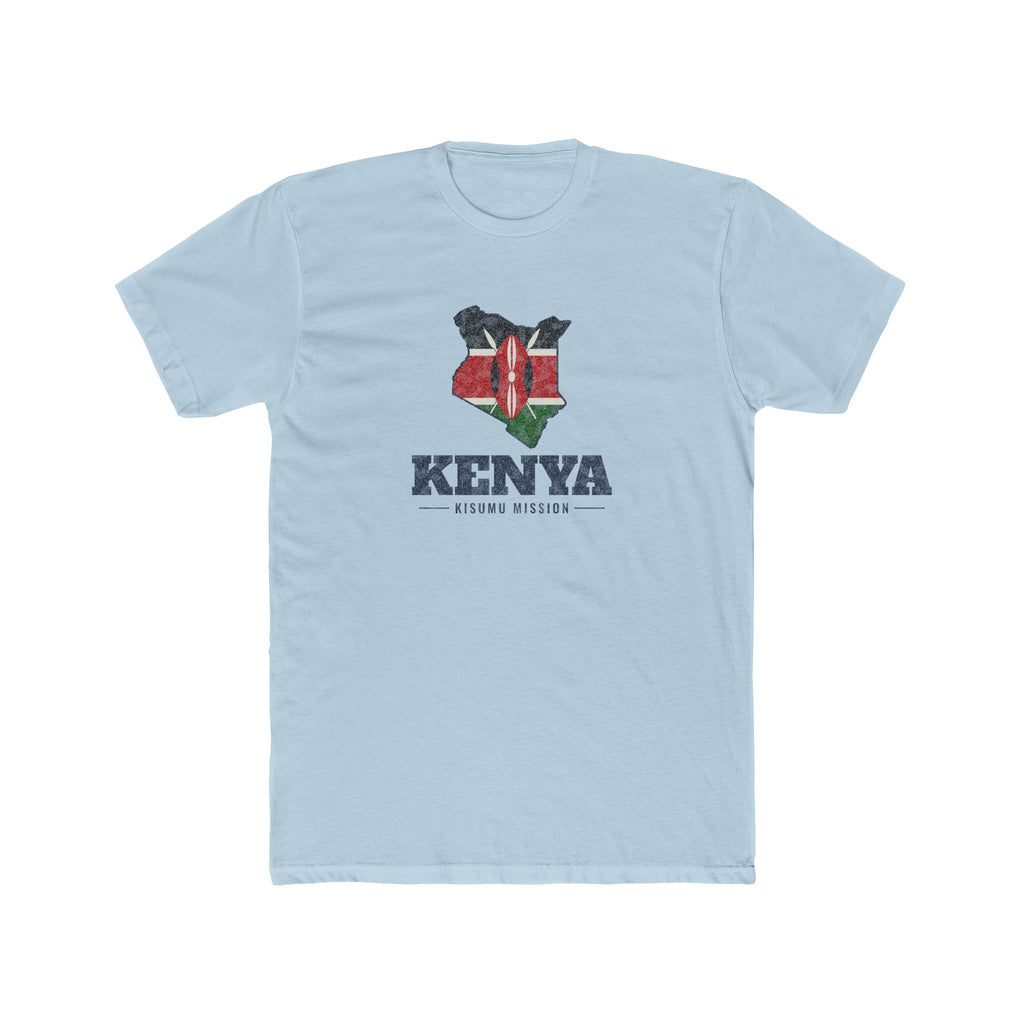 Kenya Kisumu Mission Flag Map shirt in Desert Pink: flag of Kenya in the outline of Kenya with navy lettering, front view