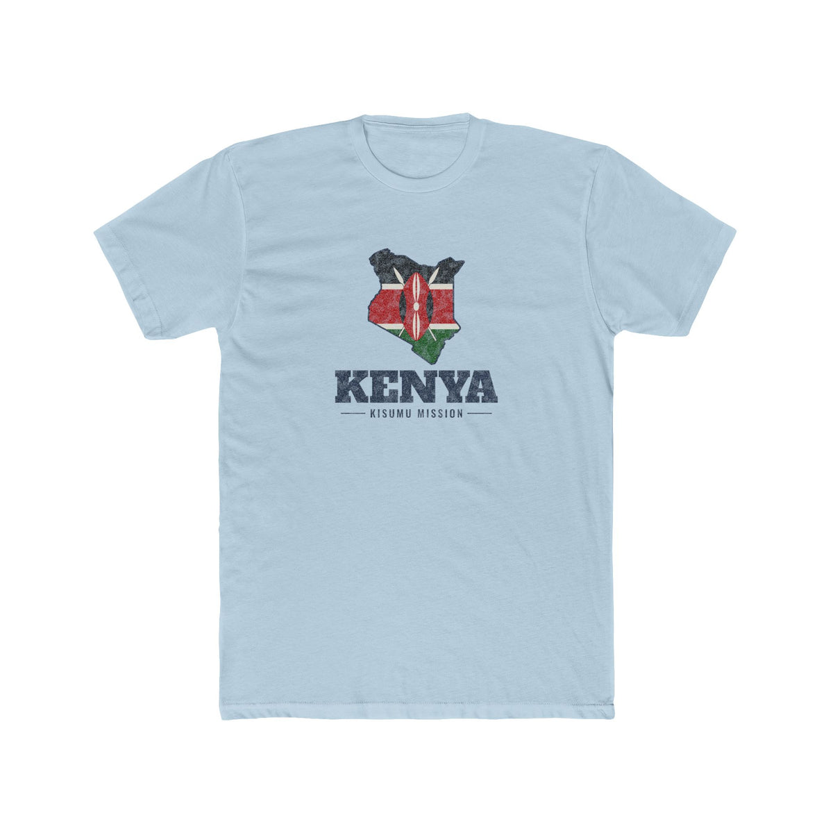 Kenya Kisumu Mission Flag Map shirt in Desert Pink: flag of Kenya in the outline of Kenya with navy lettering, front view