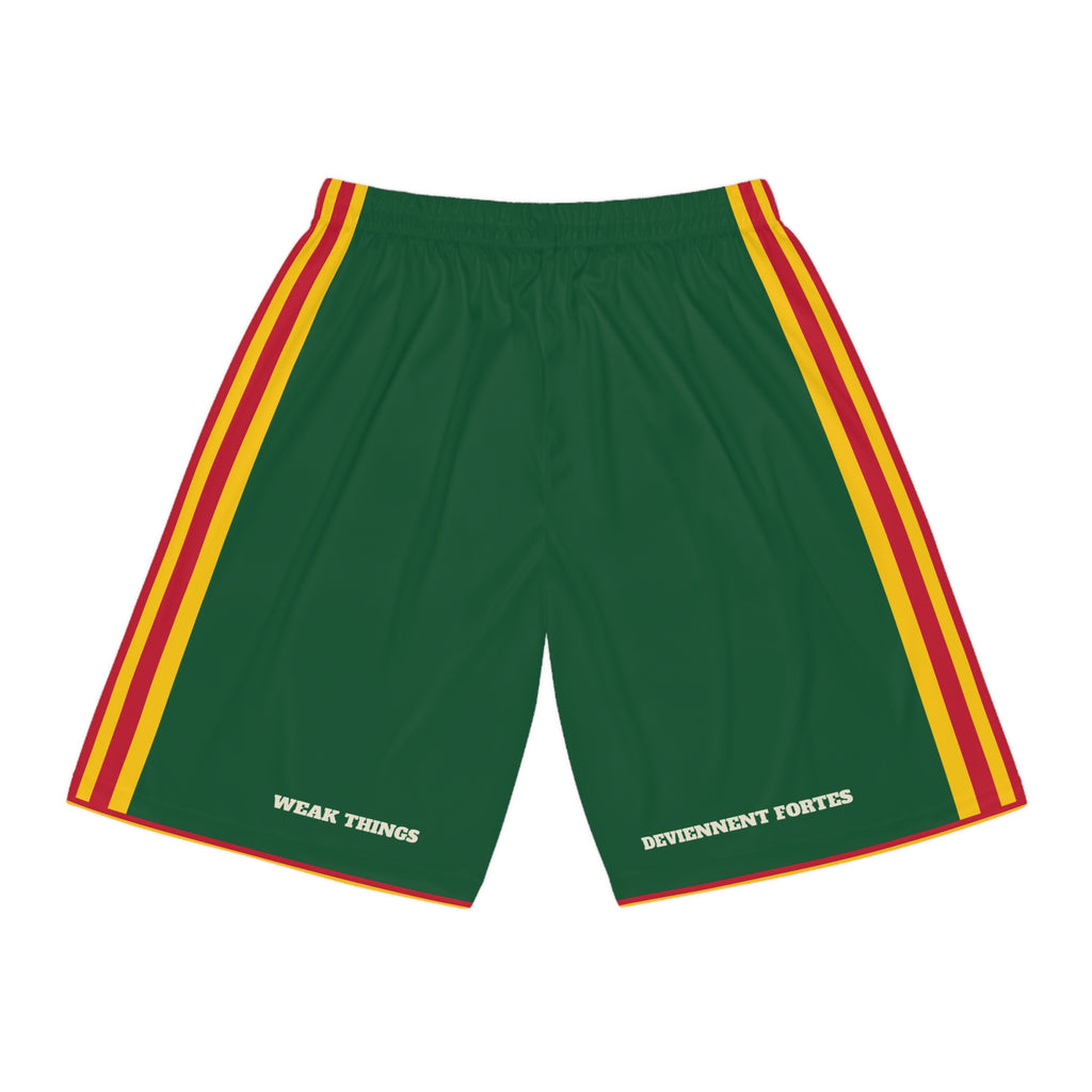 Togo Lome Mission Basketball Shorts, back view with WEAK THINGS and DEVIENNENT FORTES on the legs