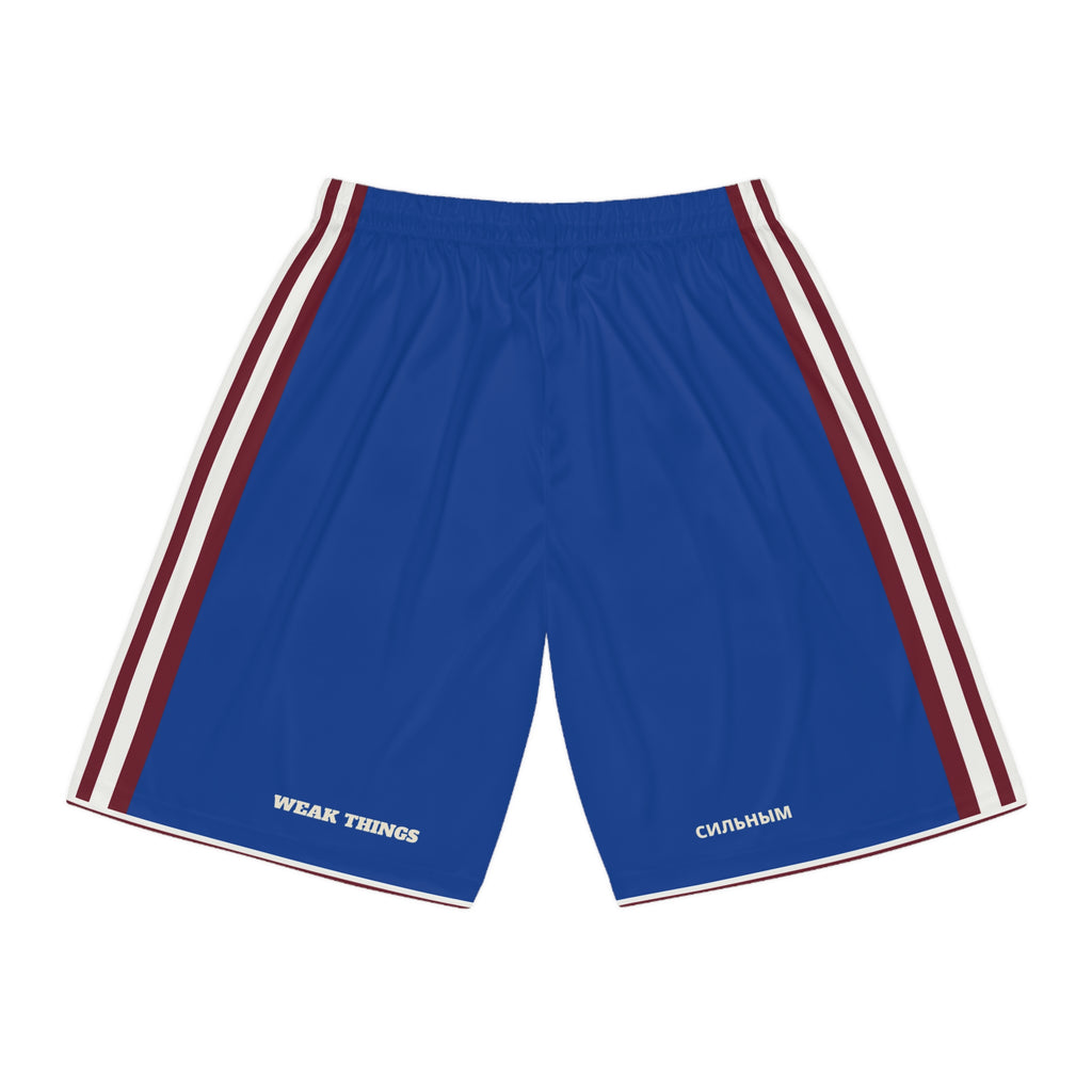 Baltic Mission Basketball Shorts, back view with WEAK THINGS and СИЛЬНЫМ on the legs
