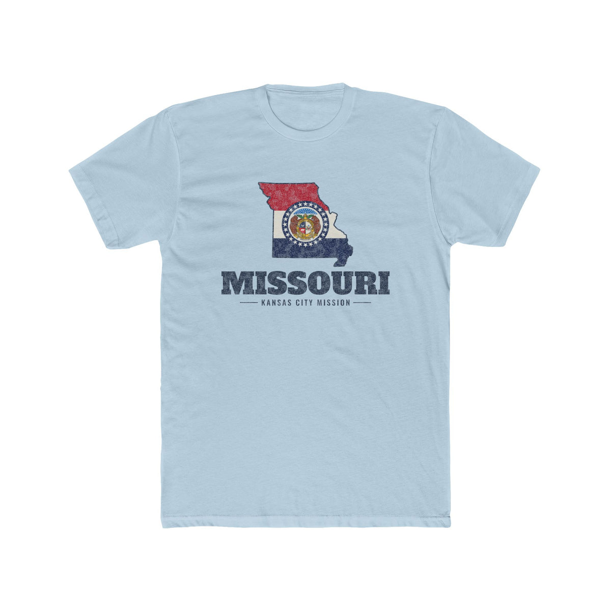 Missouri Kansas City Mission Flag Map shirt in Desert Pink: Missouri state flag in the outline of Missouri with navy lettering, front view