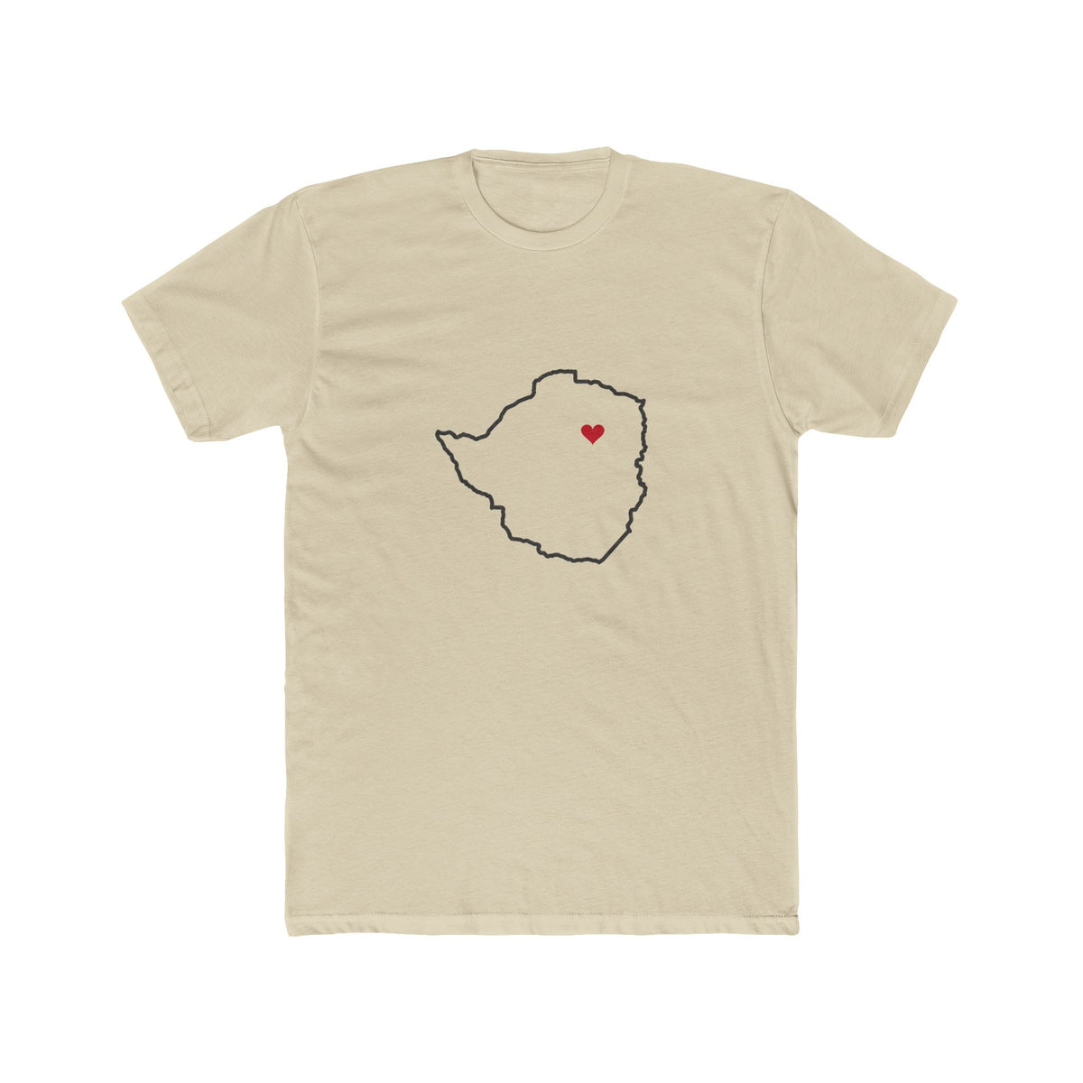 Zimbabwe Harare Mission Heart Map shirt in Cream: Zimbabwe outline with a red heart, front view