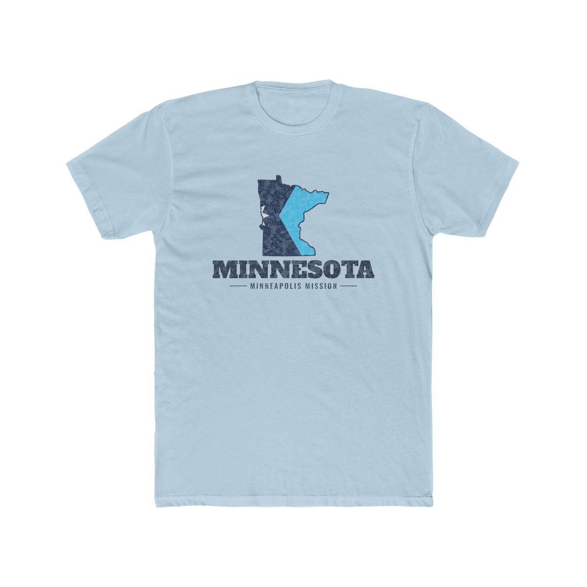 Minnesota Minneapolis Mission Flag Map shirt in Desert Pink: Minnesota state flag in the outline of Minnesota with navy lettering, front view
