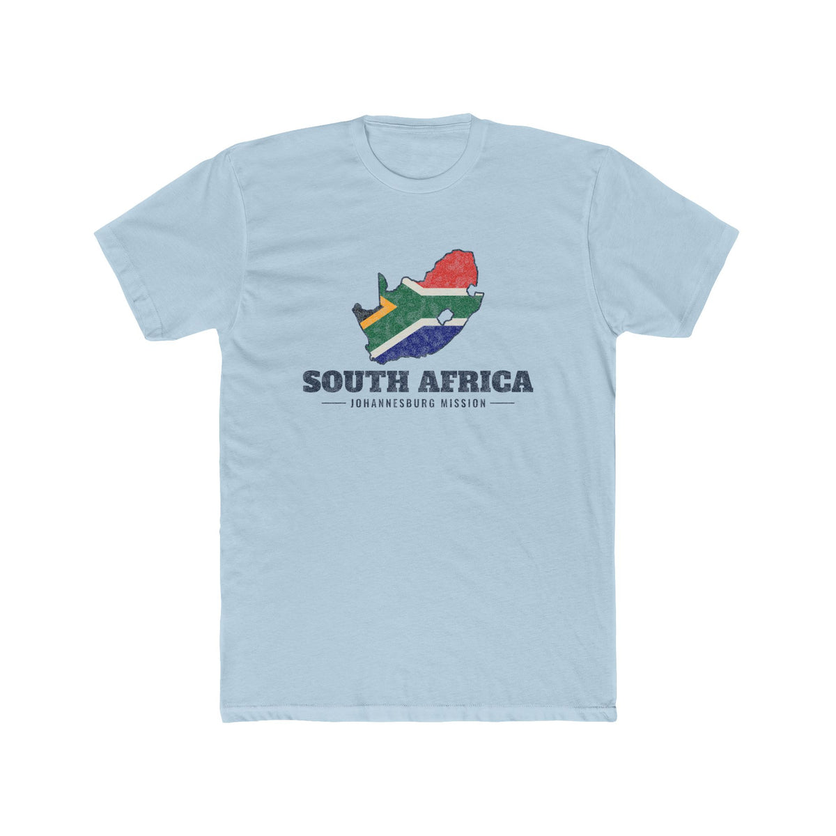 South Africa Johannesburg Mission Flag Map shirt in Desert Pink: flag of South Africa in the outline of South Africa with navy lettering, front view
