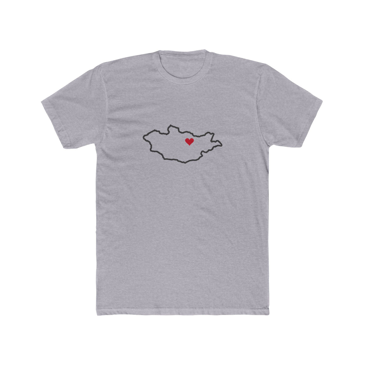 Mongolia Ulaanbaatar West Mission Heart Map shirt in Heather Grey: Mongolia outline with a red heart, front view