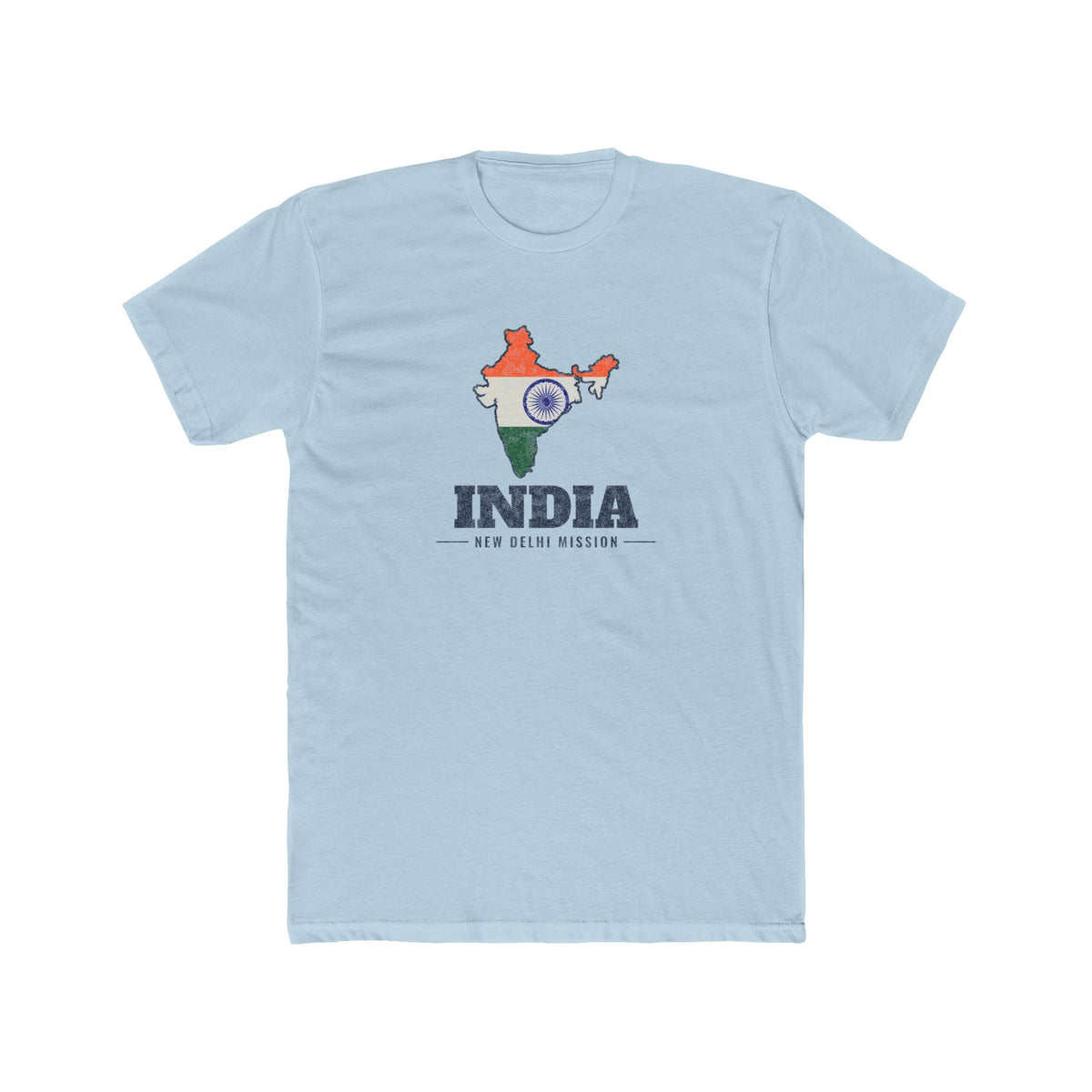 India New Delhi Mission Flag Map shirt in Desert Pink: flag of India in the outline of India with navy lettering, front view