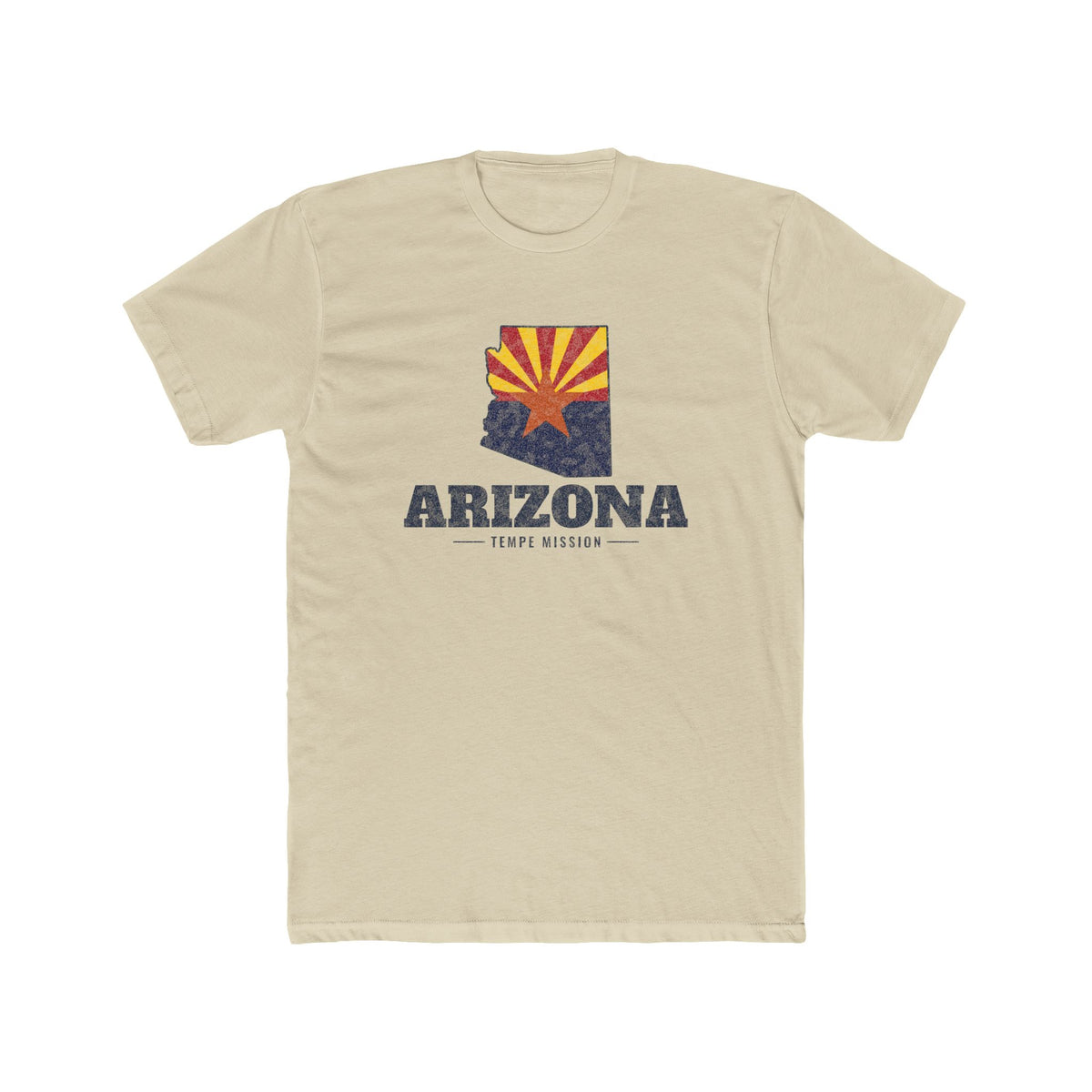 Arizona Tempe Mission Flag Map shirt in Cream: Arizona state flag in the outline of Arizona with navy lettering, front view