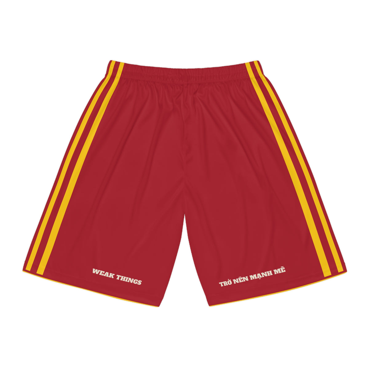 Vietnam Hanoi Mission Basketball Shorts, back view with WEAK THINGS and TRỞ NÊN MẠNH MẼ on the legs