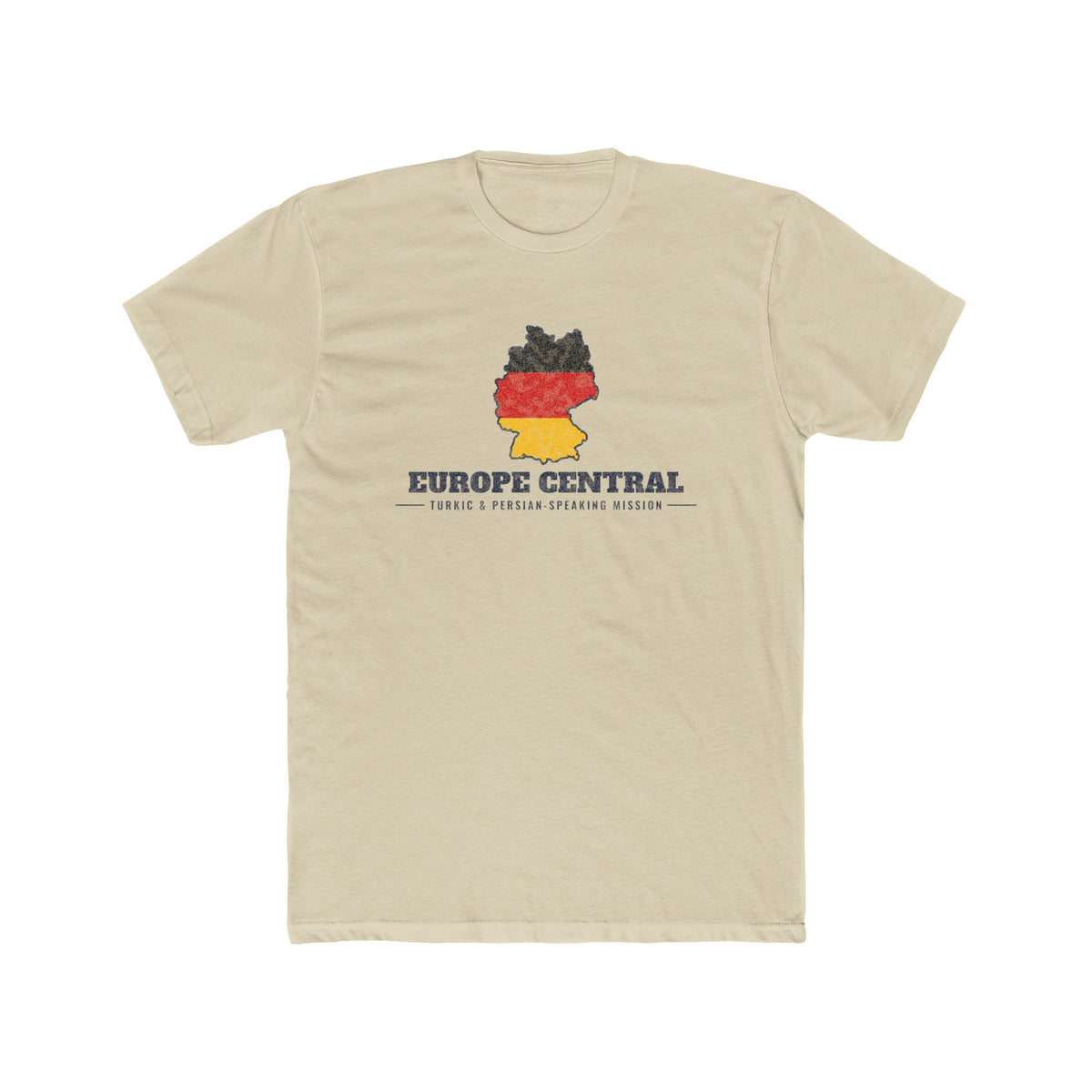 Europe Central Turkic and Persian-Speaking Mission Flag Map shirt in Cream: German flag in the outline of Germany with navy lettering, front view
